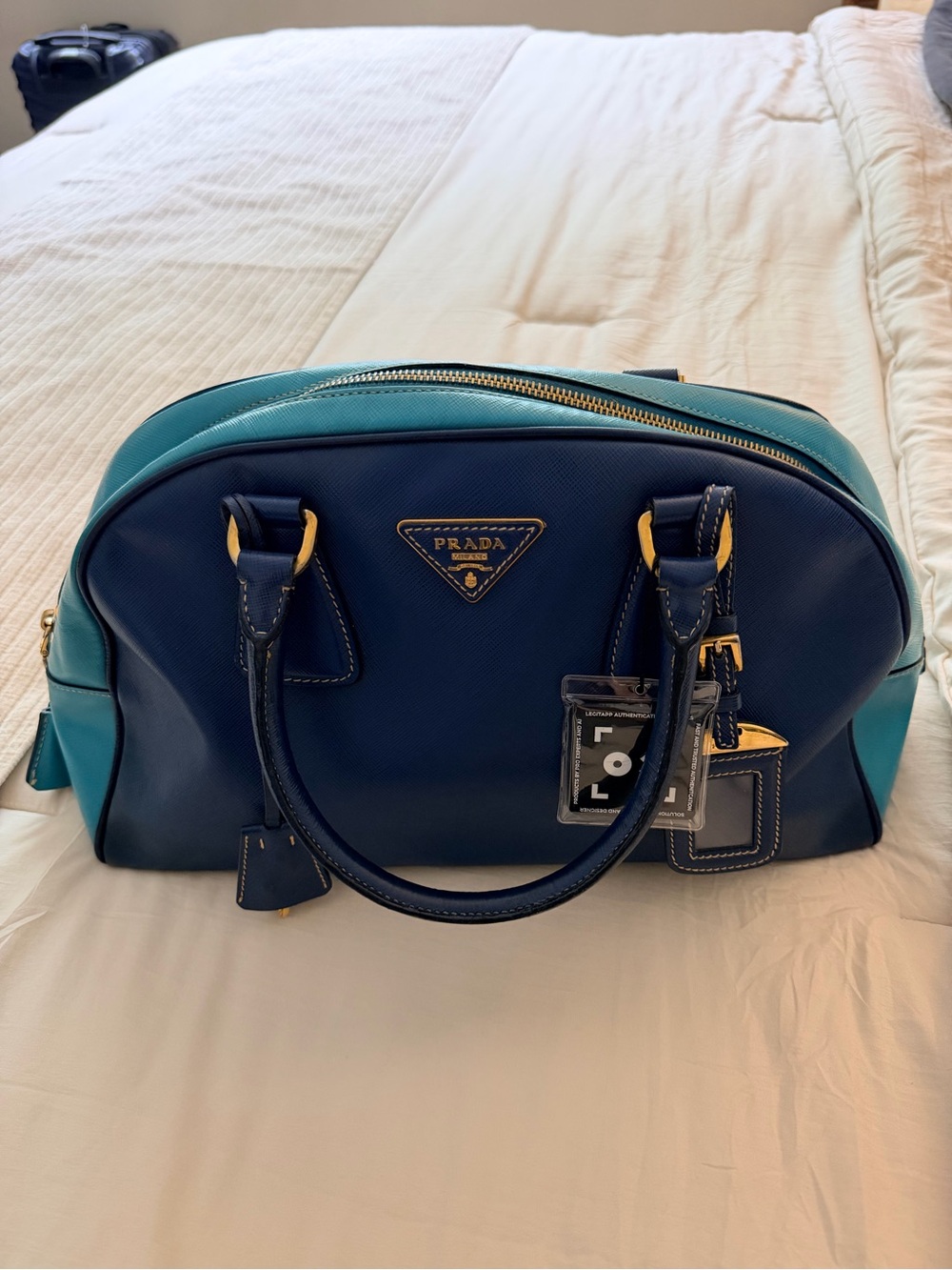 Prada White Saffiano "Bowler Bag" with Gold Hardware - Picture 2 of 11